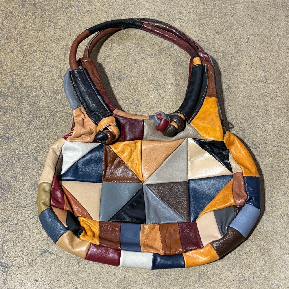Vintage 1970’s Patchwork Leather Geometric Top Handle Shoudler Bag Purse